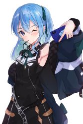 Rule 34 | 1girl, armpits, black-framed eyewear, black ribbon, black shirt, black skirt, blue eyes, blue hair, cellphone, dress shirt, glasses, green ribbon, hair ribbon, highres, holding, holding phone, hololive, hoshimachi suisei, hoshimachi suisei (streetwear), long hair, mouth hold, neck ribbon, nerusu, one eye closed, phone, ribbon, shirt, simple background, skirt, sleeveless, sleeveless shirt, smartphone, solo, standing, virtual youtuber, white background