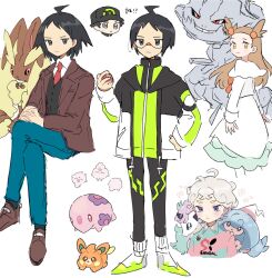 Rule 34 | 1girl, 3boys, ahoge, bede (pokemon), black hair, black socks, blonde hair, brown footwear, brown jacket, cheren (pokemon), chibi, chibi inset, closed mouth, collared shirt, commentary request, creatures (company), crossed legs, curly hair, eneko (olavcnkrpucl16a), flower (symbol), galarian form, galarian ponyta, game freak, gen 2 pokemon, gen 4 pokemon, gen 5 pokemon, gen 8 pokemon, glasses, green pants, hair bobbles, hair ornament, hand on own hip, hand up, hattrem, highres, holding, igglybuff, jacket, jasmine (pokemon), long hair, lopunny, lucas (pokemon), multiple boys, multiple views, munna, necktie, nintendo, open clothes, open jacket, pants, pawmi, pokemon, pokemon (creature), pokemon bdsp, pokemon bw, pokemon hgss, pokemon swsh, shirt, shoes, short hair, sketch, socks, standing, steelix, two side up, vest, white background, white shirt