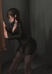 Rule 34 | 1girl, ayakumo, black jacket, black pantyhose, blazer, breasts, cleavage, female focus, from side, gradient background, heavy breathing, highres, indoors, jacket, ladder, large breasts, long hair, looking at viewer, open mouth, original, pantyhose, pencil skirt, skirt, solo, standing, straight hair