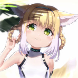 Rule 34 | 1girl, \\n/, animal ears, arknights, bare arms, bare shoulders, blonde hair, blue hairband, blurry, blurry background, blush, braid, braided hair rings, closed mouth, depth of field, fox shadow puppet, green eyes, hair between eyes, hair rings, hairband, hand up, head tilt, highres, holding, holding hair, infection monitor (arknights), leotard, looking away, looking to the side, material growth, multicolored hair, oripathy lesion (arknights), simple background, smile, solo, suzuran (arknights), tail, tail raised, twin braids, two-tone hair, upper body, white background, white hair, white leotard, white ph