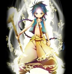 Rule 34 | 1boy, aladdin (magi), arabian clothes, black background, blue eyes, blue hair, braid, flute, highres, holding, instrument, jewelry, long hair, looking at viewer, magi the labyrinth of magic, male focus, matching hair/eyes, navel, necklace, official art, single braid, solo, staff, turban