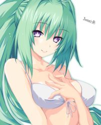 Rule 34 | 10s, 1girl, artist name, bikini, blush, breasts, cleavage, front-tie bikini top, front-tie top, green hair, green heart (neptunia), highres, iwashi dorobou -r-, large breasts, long hair, looking at viewer, neptune (series), ponytail, power symbol, power symbol-shaped pupils, purple eyes, solo, swimsuit, symbol-shaped pupils, vert (neptunia), very long hair
