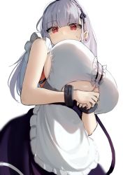 Rule 34 | 1girl, apron, azur lane, bare arms, black dress, black ribbon, blunt bangs, breasts, center frills, clothing cutout, dido (azur lane), dress, earrings, frilled apron, frilled dress, frills, from below, headband, huge breasts, jewelry, light purple hair, looking at viewer, looking down, red eyes, ribbon, simple background, sleeveless, sleeveless dress, solo, suminagashi, two-tone dress, underboob, underboob cutout, waist apron, white apron, white background, white dress