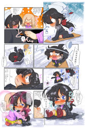 Rule 34 | 2girls, afterimage, aged down, artist self-insert, black coat, black hair, blonde hair, blue eyes, bob cut, box, cardboard box, chibi, closed eyes, coat, comic, commentary request, constricted pupils, crying, crying with eyes open, day, dixie cup hat, falling, flying sweatdrops, girls und panzer, hair over one eye, half-closed eyes, hat, hat feather, highres, hug, jacket, jinguu (4839ms), katyusha (girls und panzer), kneeling, long coat, long hair, looking at another, low ponytail, lying, military hat, motion lines, multiple girls, ogin (girls und panzer), on back, open clothes, open coat, outdoors, outside border, pink jacket, pleated skirt, pushing, rabbit, scared, short hair, sitting, skirt, sledding, snow, tearing up, tears, translation request, trembling, wet, white headwear, winter uniform, yellow skirt