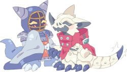 Rule 34 | 2girls, digimon, digimon (creature), hackmon (digimon), kotemon, looking at another, mask, multiple girls, simple background, tail, white background
