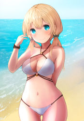 Rule 34 | 1girl, absurdres, aqua eyes, bare arms, bare legs, bare shoulders, beach, bikini, blonde hair, blush, breasts, cleavage, closed mouth, collarbone, cowboy shot, dated, hair between eyes, highres, kantai collection, large breasts, long hair, low twintails, mmk, navel, o-ring, o-ring bikini, ocean, prinz eugen (kancolle), signature, smile, solo, swimsuit, twintails, white bikini