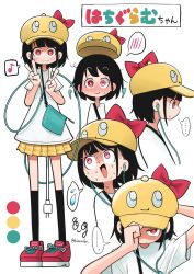 Rule 34 | ..., 1girl, adjusting clothes, adjusting headwear, baseball cap, black hair, black socks, blush, bow, bright pupils, closed mouth, double v, earbuds, earphones, flying sweatdrops, grin, hat, highres, kinnzoku, kneehighs, looking at viewer, looking away, musical note, open mouth, original, parted lips, red bow, red eyes, red footwear, shoes, short hair, smile, sneakers, socks, speech bubble, spoken blush, spoken ellipsis, spoken flying sweatdrops, spoken musical note, teeth, thought bubble, translation request, v, white pupils, yellow headwear
