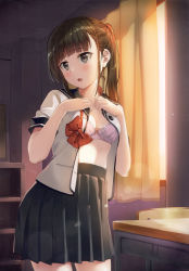 Rule 34 | 1girl, absurdres, blush, bow, bow bra, bra, brown eyes, brown hair, curtains, desk, hands up, highres, indoors, lips, long hair, looking away, open clothes, open mouth, original, pink bra, pleated skirt, ponytail, red bow, scan, school desk, school uniform, short sleeves, skirt, solo, unasaka ryou, underwear, undressing, window