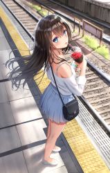 Rule 34 | 1girl, bag, bare shoulders, bendy straw, blouse, blue eyes, blue skirt, blush, brown hair, cellphone, closed mouth, commentary request, cup, day, disposable cup, drink, drinking, drinking glass, drinking straw, fingernails, from side, full body, hair between eyes, handbag, highres, holding, holding cup, holding phone, long hair, long sleeves, looking at viewer, looking to the side, off-shoulder shirt, off shoulder, original, outdoors, phone, pleated skirt, railroad tracks, shirt, shoes, shoulder bag, skirt, solo, standing, superpig, tactile paving, very long hair, white footwear, white shirt