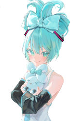 Rule 34 | &gt; &lt;, 1girl, :d, absurdres, black sleeves, blue bow, blue hair, blue necktie, bow, cinnamiku, cinnamoroll, closed eyes, closed mouth, collared shirt, colored eyelashes, commentary request, cosplay, detached sleeves, ear bow, green eyes, hair bow, hatsune miku, hatsune miku (cosplay), highres, hug, long sleeves, looking at viewer, necktie, open mouth, sanrio, shirt, simple background, sleeveless, sleeveless shirt, smile, upper body, vocaloid, white background, white shirt, wide sleeves, xd, yon (y0n 4)