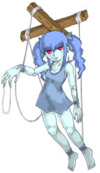 Rule 34 | 1girl, barefoot, blue hair, doll, doll girl, doll joints, feet, joints, kenkou cross, lowres, marionette, monster girl, puppet, red eyes, solo, twintails