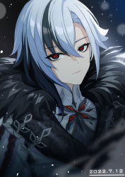 Rule 34 | 1girl, absurdres, arlecchino (genshin impact), black eyes, closed mouth, dated, fur collar, genshin impact, grey hair, high collar, highres, looking at viewer, multicolored hair, short hair, solo, symbol-shaped pupils, two-tone hair, upper body, wangqi, x-shaped pupils
