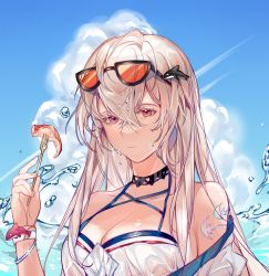 Rule 34 | 1girl, absurdres, arknights, bare shoulders, black choker, blue sky, breasts, choker, cleavage, cloud, commentary, day, eyewear on head, fork, hair between eyes, hair ornament, hand up, highres, holding, holding fork, long hair, looking at viewer, medium breasts, off-shoulder shirt, off shoulder, official alternate costume, orca hair ornament, outdoors, red eyes, sanshanqundao, shirt, silver hair, skadi (arknights), skadi (waverider) (arknights), sky, solo, sunglasses, upper body, water, white shirt, wristband