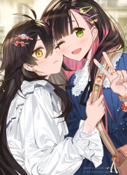 Rule 34 | 2girls, ahoge, bandaid, bandaid on hand, black hair, blue dress, blush, dress, earrings, empew, face-to-face, green eyes, hair between eyes, hair ornament, hairclip, jewelry, long hair, long sleeves, looking at viewer, multicolored hair, multiple girls, one eye closed, open mouth, original, outdoors, shirt, signature, tareme, two-tone hair, v, white shirt, yellow eyes