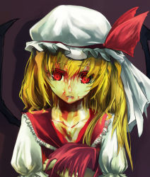 Rule 34 | 1girl, blonde hair, blood, blood on face, female focus, flandre scarlet, hat, litlicha, mob cap, red eyes, red hair, simple background, solo, touhou, upper body, wings
