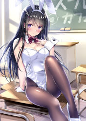 Rule 34 | 1girl, animal ears, bad id, bad pixiv id, bare shoulders, black hair, blush, board eraser, bow, bowtie, breasts, chair, chalkboard, classroom, cleavage, desk, detached collar, fake animal ears, hair between eyes, hair ornament, hairclip, hand on own chest, heart, highres, indoors, kobayashi chisato, leg up, leotard, light particles, loafers, long hair, looking at viewer, medium breasts, on desk, original, pantyhose, playboy bunny, purple eyes, rabbit ears, rabbit girl, red bow, red bowtie, school chair, school desk, shadow, shoes, sidelocks, sitting, on desk, solo, white footwear, white leotard, wrist cuffs