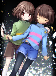 Rule 34 | 2others, belt, black belt, black legwear, blue shirt, blunt bangs, blush, bob cut, brown hair, brown shorts, chara (undertale), closed eyes, closed mouth, denim, denim shorts, dutch angle, feet out of frame, frisk (undertale), green shirt, hand on shoulder, hand up, highres, holding, holding jewelry, holding knife, holding necklace, jewelry, knife, leftporygon, light frown, long sleeves, looking at viewer, midriff peek, multicolored shirt, multiple others, necklace, pantyhose, petals, pink shirt, red eyes, shirt, short hair, shorts, smile, socks, standing, swept bangs, turtleneck, undertale, white legwear, yellow shirt