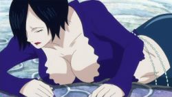 Rule 34 | 1girl, animated, animated gif, black hair, blue eyes, breasts, cleavage, hair over one eye, large breasts, lipstick, lowres, lying, madame shirley, makeup, on ground, one piece, solo