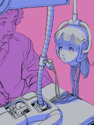 Rule 34 | 1boy, 1girl, android, cable, disembodied head, dr. slump, highres, limited palette, long hair, looking at another, lying, maintenance, norimaki arale, norimaki senbei, nukazuke, on back, ponytail, sketch