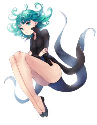 Rule 34 | 1girl, aqua eyes, aqua hair, ass, bad id, bad pixiv id, black dress, breasts, crossed arms, dress, flats, flipped hair, floating, full body, highres, legs together, long sleeves, looking at viewer, no panties, one-punch man, settyaro, short hair, side slit, simple background, small breasts, solo, tatsumaki, white background