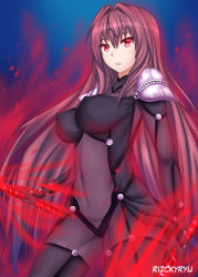 Rule 34 | 1girl, absurdres, breasts, fate/grand order, fate (series), highres, large breasts, long hair, open mouth, purple hair, red eyes, rizcky ryu, scathach (fate), scathach (fate), solo