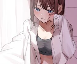 Rule 34 | 1girl, blue eyes, blush, bra, breasts, brown hair, chigusa minori, cleavage, closed mouth, collarbone, collared shirt, commentary request, dress shirt, grey bra, highres, medium hair, open clothes, open shirt, original, shirt, sidelocks, small breasts, solo, sports bra, underwear, upper body, waking up, white shirt