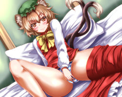 Rule 34 | &gt;:3, 1girl, :3, animal ears, bed, between legs, blush, bow, brown eyes, brown hair, cat ears, cat tail, chen, hand between legs, hat, long sleeves, looking at viewer, mob cap, multiple tails, nekomata, on bed, panties, pillow, shirt, sitting, skirt, skirt around one leg, skirt set, solo, spread legs, striped clothes, striped panties, tail, touhou, two tails, underwear, upskirt, v-shaped eyebrows, vest, zan (harukahime)