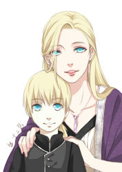 Rule 34 | 1boy, 1girl, blonde hair, blue eyes, child, earrings, jewelry, long hair, looking at viewer, mother and son, naruto, naruto (series), necklace, shi er xian, smile, yamanaka ino, yamanaka inojin