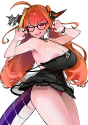 Rule 34 | 1girl, ahoge, armpits, blonde hair, bow, breasts, dismassd, dragon girl, dragon horns, dragon tail, glasses, highres, hololive, horn bow, horn ornament, horns, kiryu coco, large breasts, long hair, looking at viewer, multicolored hair, nipple slip, nipples, one eye closed, open mouth, orange hair, panties, pointy ears, red eyes, red panties, sleepwear, smile, solo, streaked hair, tail, underwear, virtual youtuber