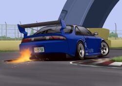 Rule 34 | absurdres, arhentol, borrowed design, car, driving, fence, fire, from behind, highres, license plate, motor vehicle, nissan, nissan s14 silvia, nissan silvia, no humans, original, racetrack, spoiler (automobile), sports car, vehicle focus