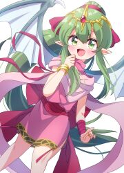 Rule 34 | 1girl, :d, absurdres, blush, bracelet, dragon girl, dragon wings, dress, fire emblem, fire emblem: mystery of the emblem, green eyes, green hair, hair between eyes, highres, jewelry, long hair, looking at viewer, mmmera827, nintendo, open mouth, pink dress, pointy ears, ponytail, ring, smile, solo, tiki (fire emblem), tiki (young) (fire emblem), very long hair, white background, wings