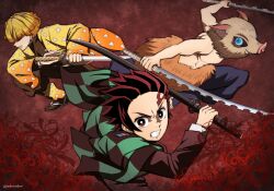 3boys absurdres agatsuma_zenitsu black_pants blonde_hair blue_eyes boar_mask bright_pupils brown_hair dual_wielding flower grimace haori hashibira_inosuke highres holding holding_sword holding_weapon japanese_clothes kamado_tanjirou kimetsu_no_yaiba male_focus multiple_boys pants poket_mkrn red_flower spider_lily sword topless_male weapon white_pupils