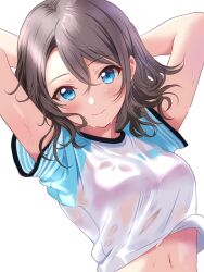 Rule 34 | 1girl, arms up, blue eyes, blush, borgbutler, breasts, closed mouth, eyebrows hidden by hair, grey hair, hair between eyes, highres, looking at viewer, love live!, love live! sunshine!!, medium breasts, medium hair, navel, short sleeves, solo, sweat, watanabe you