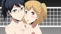Rule 34 | 10s, 2girls, artist request, black hair, blonde hair, blue eyes, blush, breasts, brown eyes, collarbone, glasses, haikyuu!!, highres, large breasts, looking at viewer, mole, multiple girls, nude, parted lips, ponytail, shimizu kiyoko, shiny skin, side ponytail, simple background, smile, upper body, volleyball net, yachi hitoka