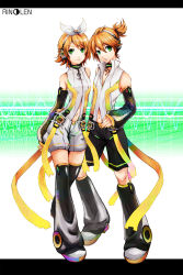 Rule 34 | 1boy, 1girl, arm warmers, bad id, bad pixiv id, blonde hair, brother and sister, detached sleeves, green eyes, hair ribbon, headphones, highres, kagamine len, kagamine len (append), kagamine rin, kagamine rin (append), leg warmers, navel, ribbon, short hair, shorts, siblings, smile, twins, umimami, vocaloid, vocaloid append