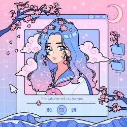 Rule 34 | 1girl, blue background, blue eyes, blue hair, blue sailor collar, blue shirt, cherry blossoms, constellation, crescent moon, crying, cursor, digital media player, emily kim, english text, flower, folder, gradient background, gradient hair, grid background, highres, limited palette, moon, multicolored hair, neckerchief, original, pastel colors, pink background, pink clouds, pink flower, pink hair, pink neckerchief, sailor collar, shirt, solo, sparkle, star (sky), water, waves, whorled clouds