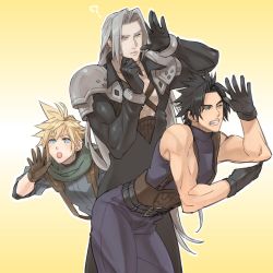 Rule 34 | 3boys, aqua eyes, armor, belt, black hair, black jacket, blonde hair, chest strap, cloud strife, final fantasy, final fantasy vii, final fantasy vii remake, gloves, highres, jacket, long hair, multiple boys, muscular, muscular male, open mouth, question mark, ryouto, sephiroth, shoulder armor, silver hair, spiked hair, square enix, suspenders, turtleneck, uniform, yellow background, zack fair