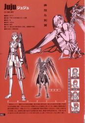 Rule 34 | 1girl, absurdres, armor, boots, character profile, character sheet, choker, claws, coat, expressions, flat chest, frown, gloves, hair ornament, high heels, highres, ishikawa fumi, juju, leotard, monochrome, monster, official art, open mouth, over zenith, pink hair, red hair, scan, shoes, short hair, sitting, standing, thigh boots, thigh strap, thighhighs, trench coat, white thighhighs, wings, zettai ryouiki