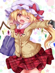 Rule 34 | 1girl, ;d, alternate costume, arm up, bag, blonde hair, blush, bow, bowtie, breasts, brown cardigan, cardigan, cellphone, contrapposto, cowboy shot, fang, flandre scarlet, hair between eyes, hat, hat ribbon, head tilt, holding, holding phone, looking at viewer, mob cap, one eye closed, open mouth, outstretched arm, phone, plaid, plaid skirt, red bow, red bowtie, red eyes, ribbon, sailor collar, school bag, school uniform, short hair, side ponytail, skirt, sleeves past wrists, small breasts, smartphone, smile, solo, star (symbol), starry background, touhou, unmoving pattern, unory, white background, white hat, white sailor collar, wings