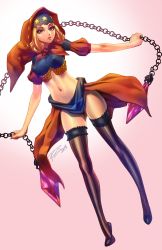 Rule 34 | 1girl, black thighhighs, blonde hair, breasts, cape, capelet, chain, covered erect nipples, dutch angle, eyelashes, forehead protector, full body, gradient background, hood, hooded cape, impossible clothes, large breasts, lipstick, long hair, looking at viewer, makeup, midriff, navel, odin sphere, purple eyes, red cape, robaato, showgirl skirt, simple background, solo, star (symbol), star print, striped clothes, striped thighhighs, thighhighs, velvet (odin sphere), vertical-striped clothes, vertical-striped thighhighs, weapon