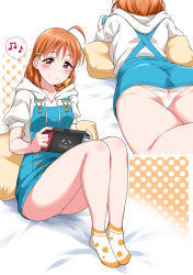 Rule 34 | 10s, 1girl, antenna hair, ass, bed, bed sheet, blush, bow, collarbone, from behind, hair bow, hair ornament, hairclip, handheld game console, highres, hood, hoodie, love live!, love live! sunshine!!, lying, medium hair, multiple views, musical note, nintendo switch, on bed, on pillow, on stomach, panties, pantyshot, pillow, polka dot, polka dot background, red eyes, short sleeves, sitting, skirt, smile, socks, speech bubble, suspender skirt, suspenders, sweater, takami chika, two-tone legwear, underwear, white panties, white sweater, yellow bow, yopparai oni