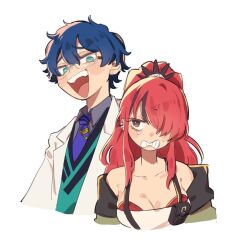 Rule 34 | 1boy, 1girl, blue hair, glasses, hair over one eye, lain paterson, lain paterson (1st costume), leos vincent, nijisanji, red hair, upper body, virtual youtuber, white background