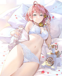 Rule 34 | 1girl, absurdres, antique phone, bare shoulders, blue eyes, bra, breasts, closed mouth, highres, holding, huge filesize, lingerie, looking at viewer, lying, medium breasts, navel, noise, on back, original, panties, phone, pillow, pink hair, rotary phone, short hair, solo, stomach, teffish, thighs, underwear, underwear only, white bra, white panties