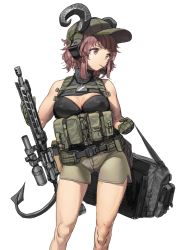 Rule 34 | 1girl, ar-15, bag, baseball cap, breasts, brown eyes, brown hair, demon girl, demon horns, demon tail, gloves, gun, hat, headphones, highres, holding, holding bag, holding gun, holding weapon, holstered, horns, large breasts, looking to the side, mole, mole on breast, mouth hold, original, pouch, rifle, serious, short hair, shorts, scope, solo, standing, tac239, tail, turtleneck, weapon, white background
