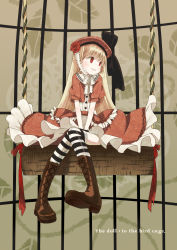 Rule 34 | 1girl, bad id, bad pixiv id, birdcage, blonde hair, boots, cage, dress, female focus, full body, hat, highres, himano (artist), lolita fashion, long hair, original, red eyes, solo, striped clothes, striped thighhighs, thighhighs, zettai ryouiki