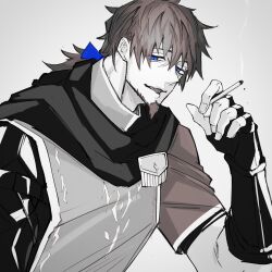 Rule 34 | 1boy, bags under eyes, blue eyes, blue ribbon, cape, cigarette, exhausted, facial hair, fate/grand order, fate (series), fingerless gloves, fingernails, gloves, goatee, hair ribbon, haruakira, hector (fate), highres, holding, holding cigarette, male focus, open mouth, ponytail, ribbon, short sleeves, simple background, smoke, solo, spot color