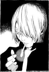 Rule 34 | 1boy, cigarette, formal, greyscale, hair over one eye, male focus, matches, monochrome, necktie, obata takeshi, one piece, sanji (one piece), smoking, solo, suit