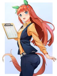 Rule 34 | 1girl, :d, absurdres, animal ears, black pants, black vest, blue background, blue eyes, blush, collared shirt, cosplay, ear covers, from side, highres, hime cut, horse ears, horse girl, horse tail, long sleeves, looking at viewer, open mouth, orange hair, pants, sakamoto (ojiojiojisanda), shirt, silence suzuka (umamusume), simple background, smile, solo, tail, team spica&#039;s trainer, team spica&#039;s trainer (cosplay), umamusume, vest, yellow shirt