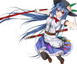 Rule 34 | 1girl, black thighhighs, blue hair, food, fruit, gloves, gmot, hat, hinanawi tenshi, long hair, looking at viewer, open mouth, peach, puffy short sleeves, puffy sleeves, red eyes, shirt, short sleeves, skirt, solo, sword of hisou, thighhighs, touhou, very long hair, white gloves, zettai ryouiki