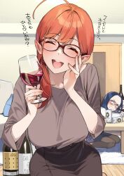 Rule 34 | 2girls, 92m, :d, ^ ^, alcohol, black skirt, blue hair, blush, bottle, breasts, brown shirt, closed eyes, commentary request, cup, dateko (92m), drinking glass, drunk, highres, holding, holding cup, indoors, large breasts, looking at another, mature female, multiple girls, open mouth, original, raglan sleeves, red-framed eyewear, red hair, sanako (92m), shirt, skirt, smile, translation request, wine, wine bottle, wine glass